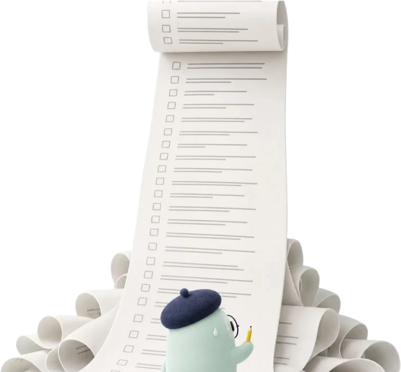 The mascot holding a pencil in front of an endless to-do list